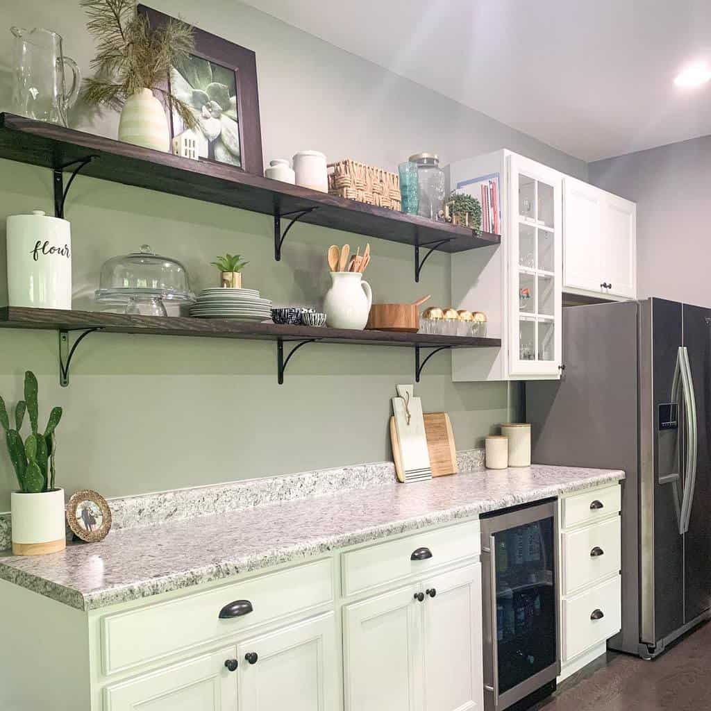small green kitchen wood floating shelves white cabinet 