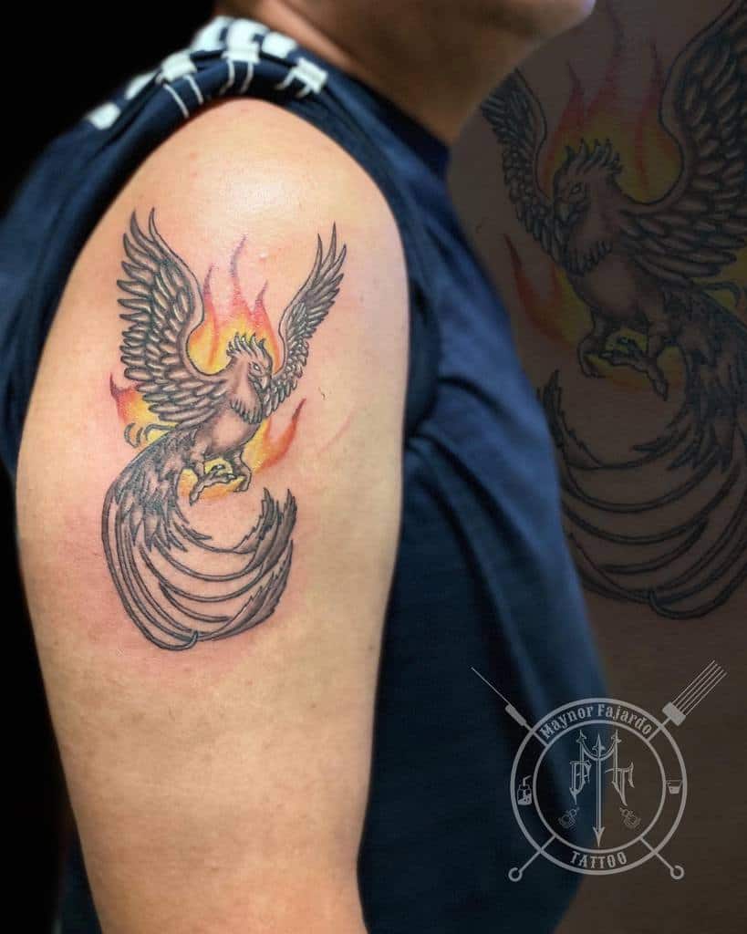 Small Phoenix Upperarm Tattoos maynor_fajardoart