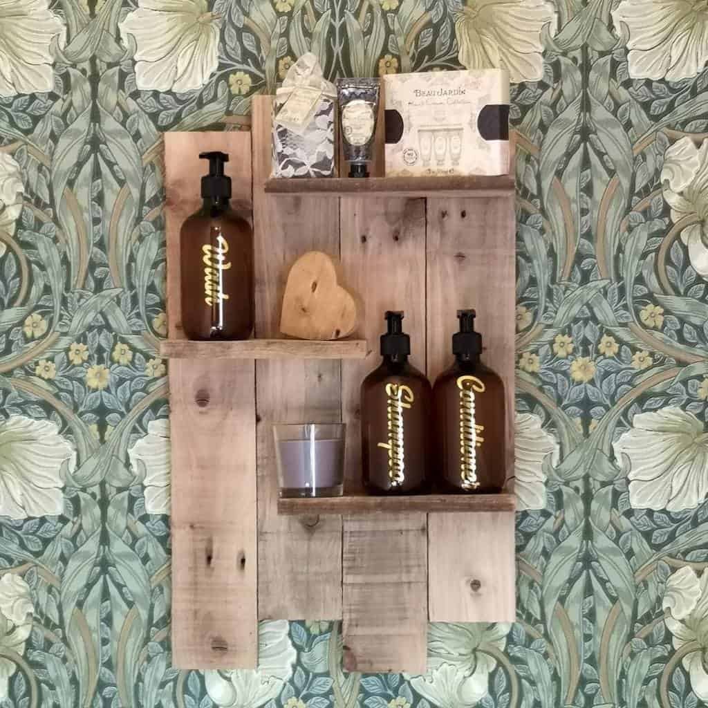 wall mounted wood shelf in bathroom 