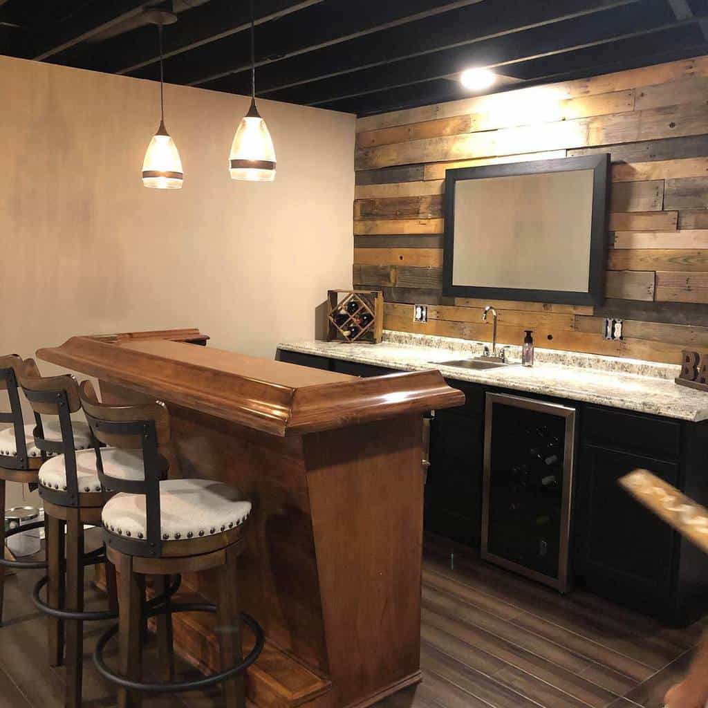 basement wet bar wood panelling exposed timber roof