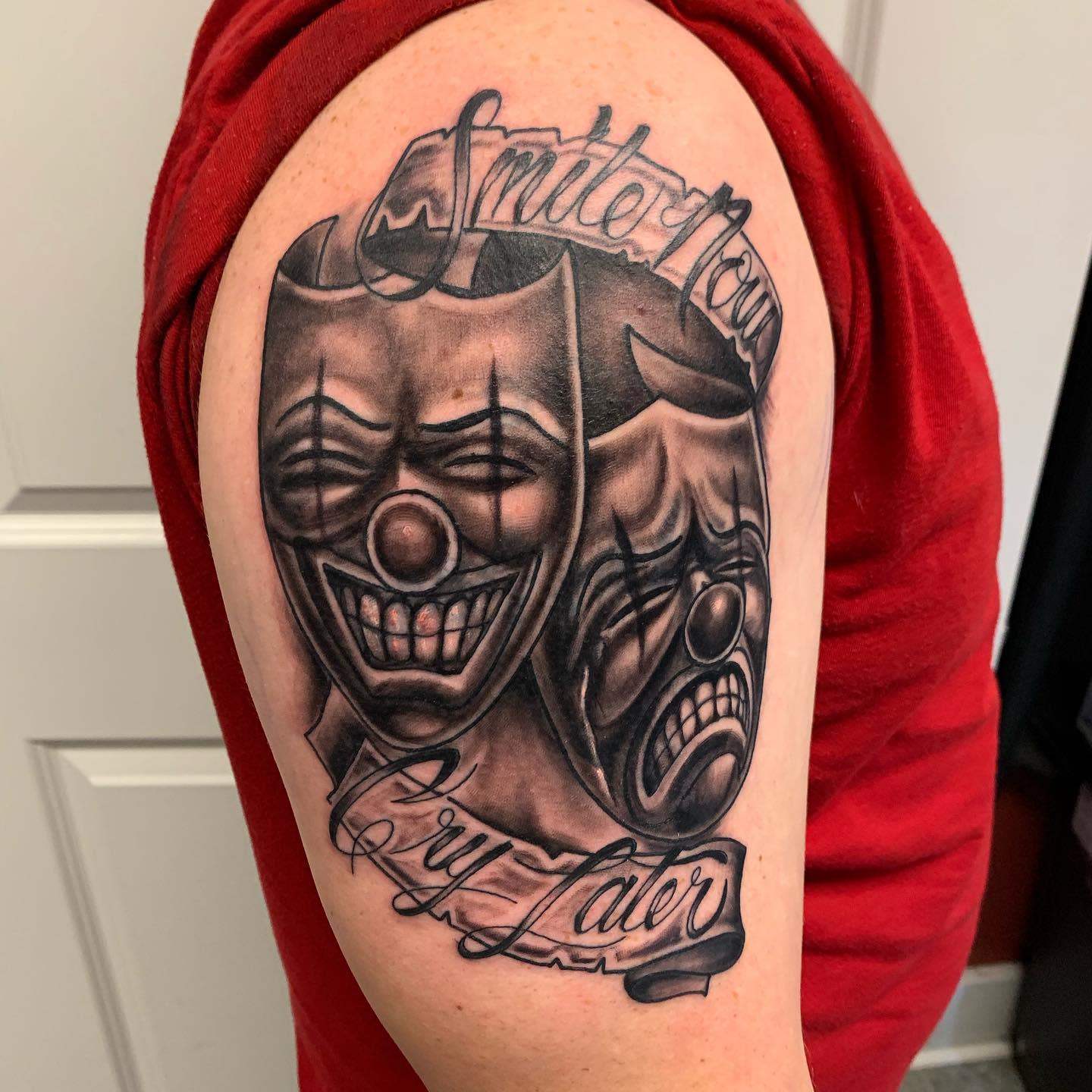 Shoulder Smile Now Cry Later Tattoo -inkfeentatts