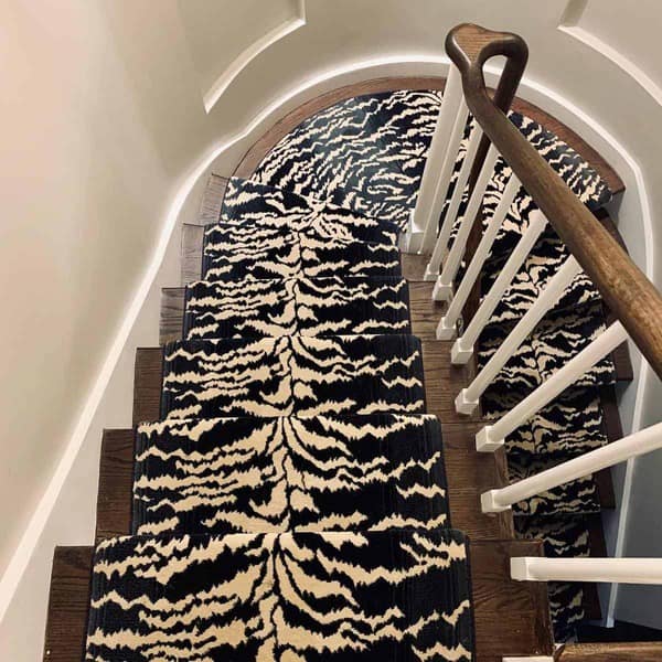 black and white pattern staircase runner