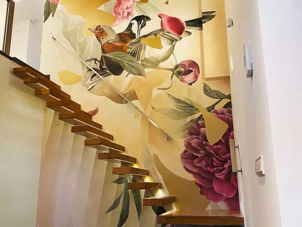 bird wallpaper on staircase 