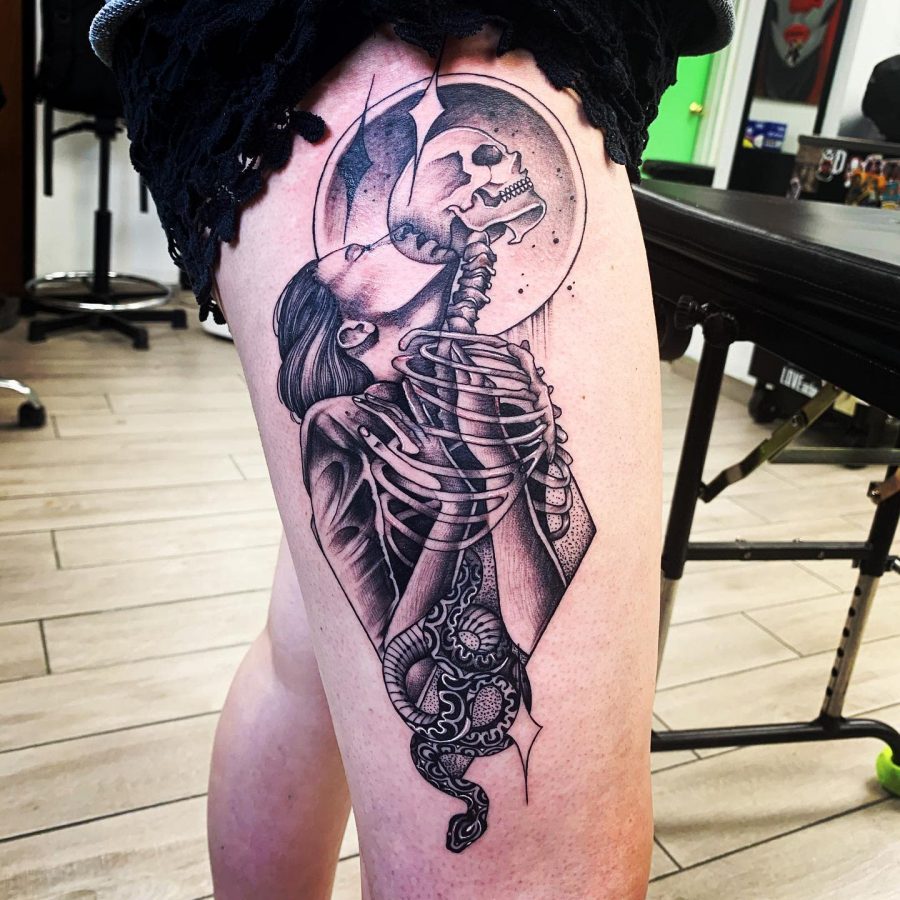 Surreal Black And Gray Thigh Tattoo Woman Skeleton Cuddling
