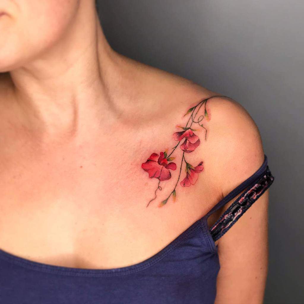 Sweet Pea Flower Shoulder Tattoo _heatherhaytattoo