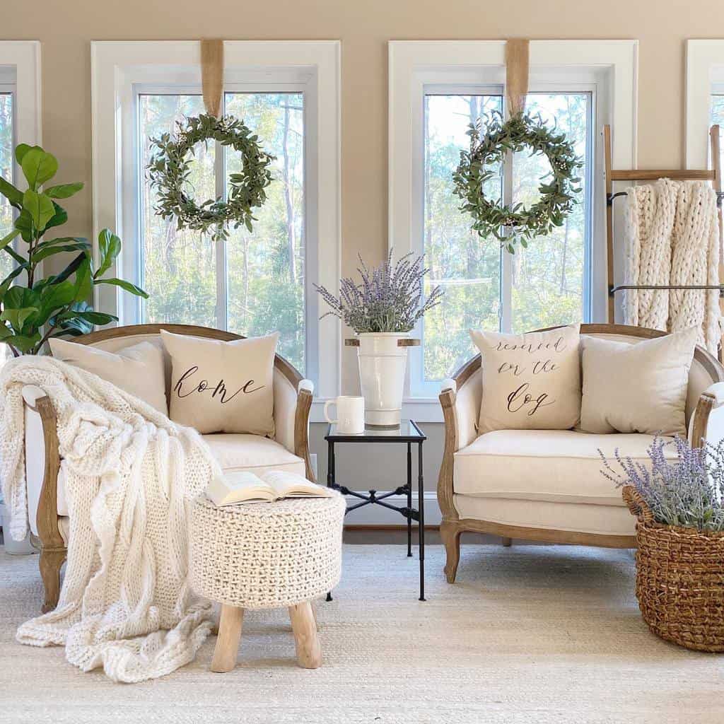 country style sunroom with white chairs 