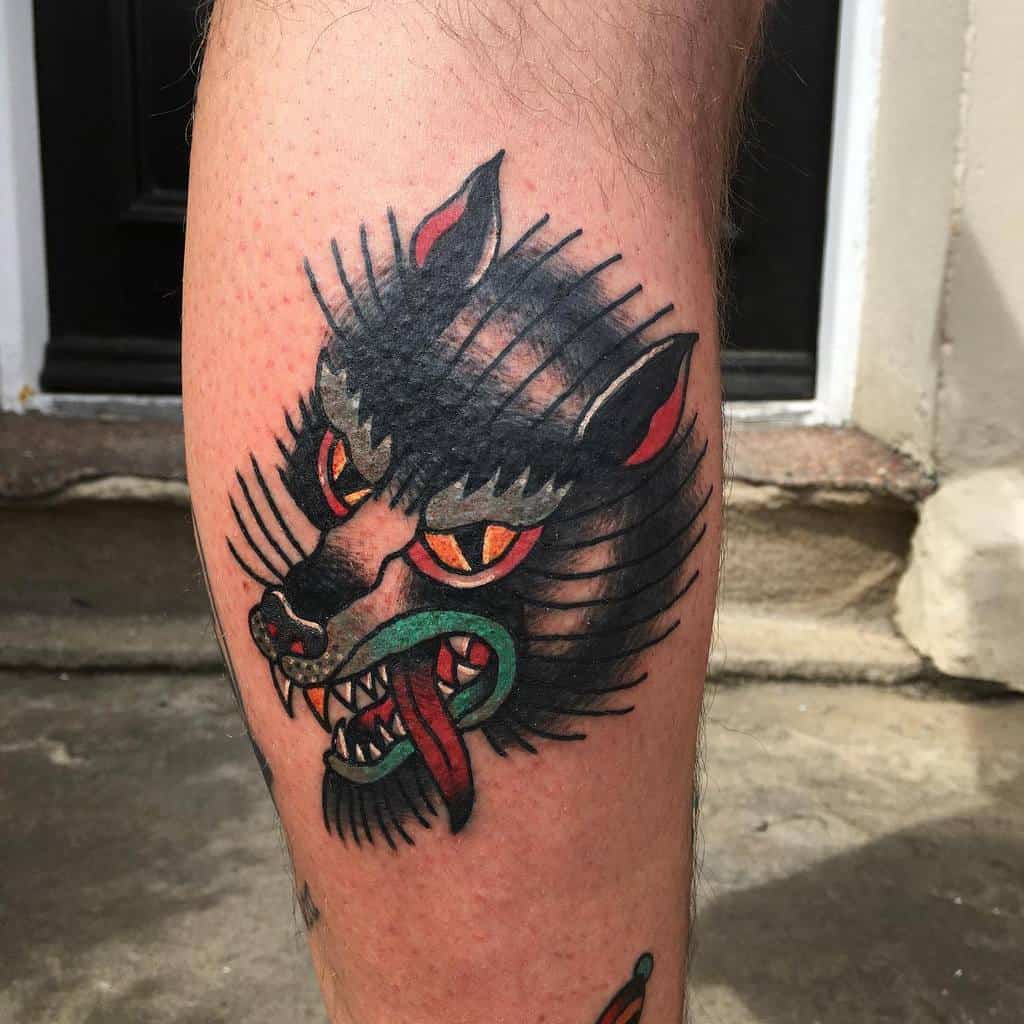 Traditional Wolf Leg Tattoo jamie_95_tattoos