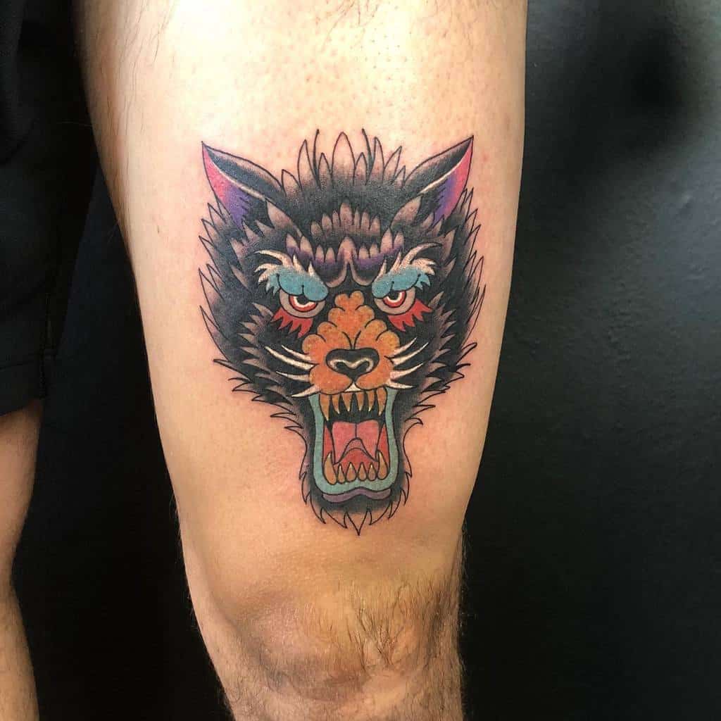 Traditional Wolf Leg Tattoo mikeylee_tattoos