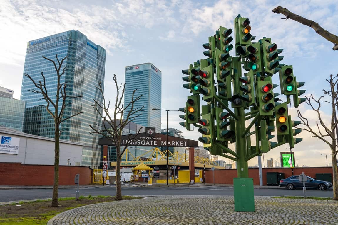 Traffic Light Tree in London by Claes Oldenburg and Coosje Van Bruggen
