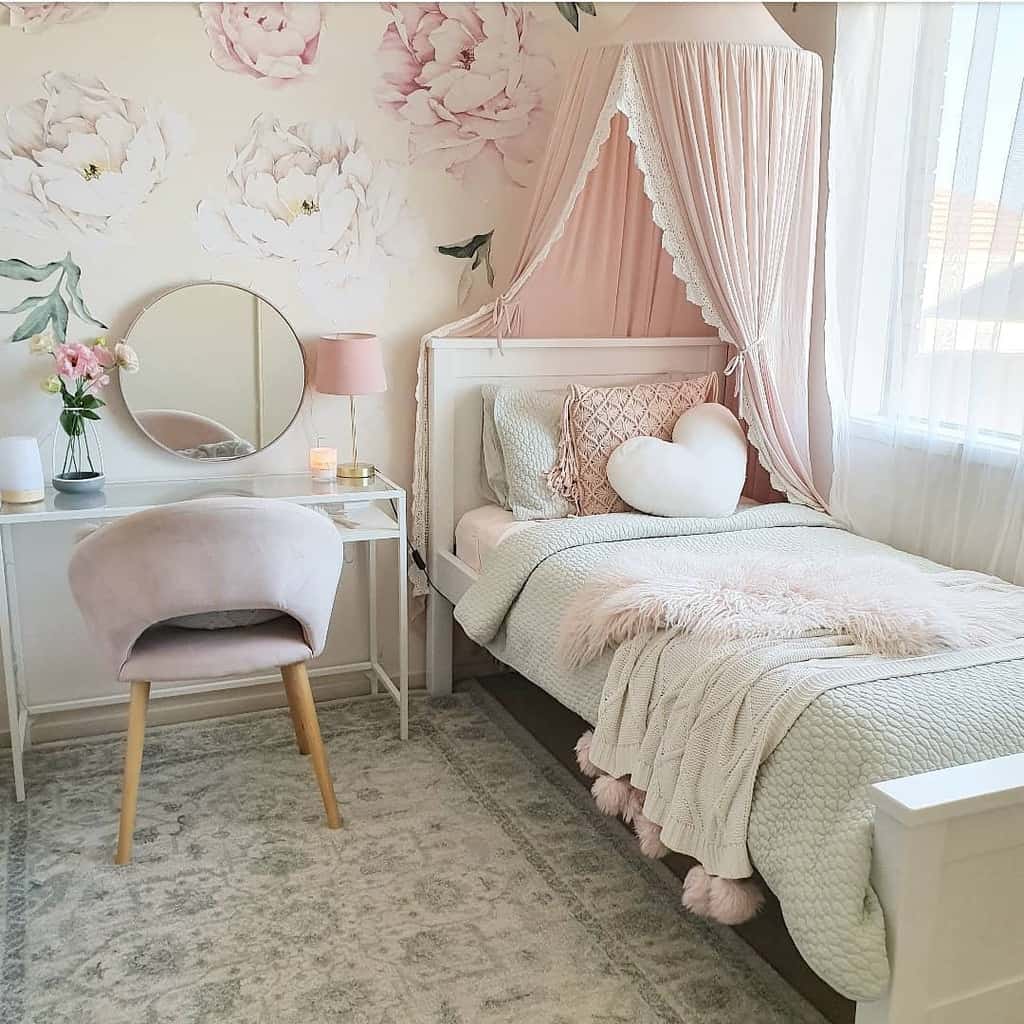 floral theme bedroom with glass desk and single bed 