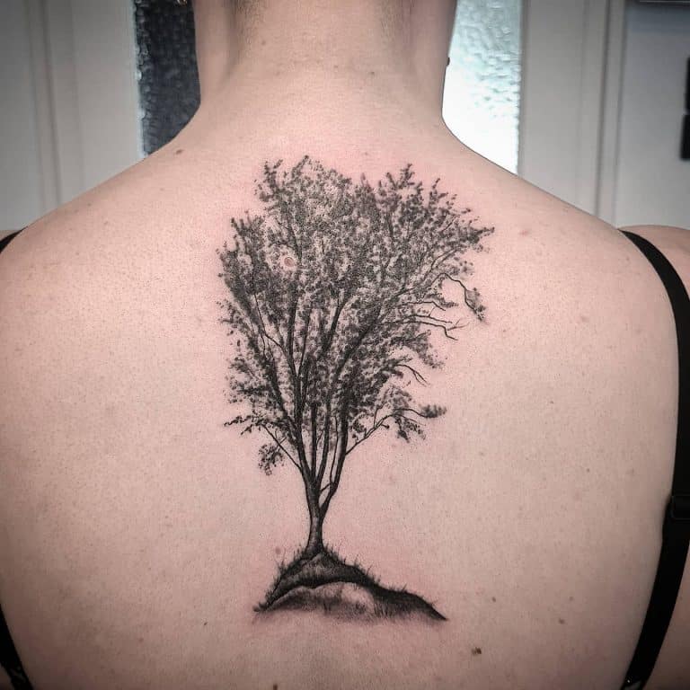 Tree Silhouette Tattoo Ideas Simple Yet Powerful   Tree Silhouette Back Tattoo Inkland.tattoo 768x768 