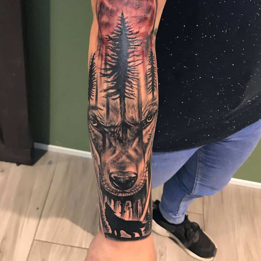 Tree Silhouette With Wolf Tattoo robert_costea_tattoo