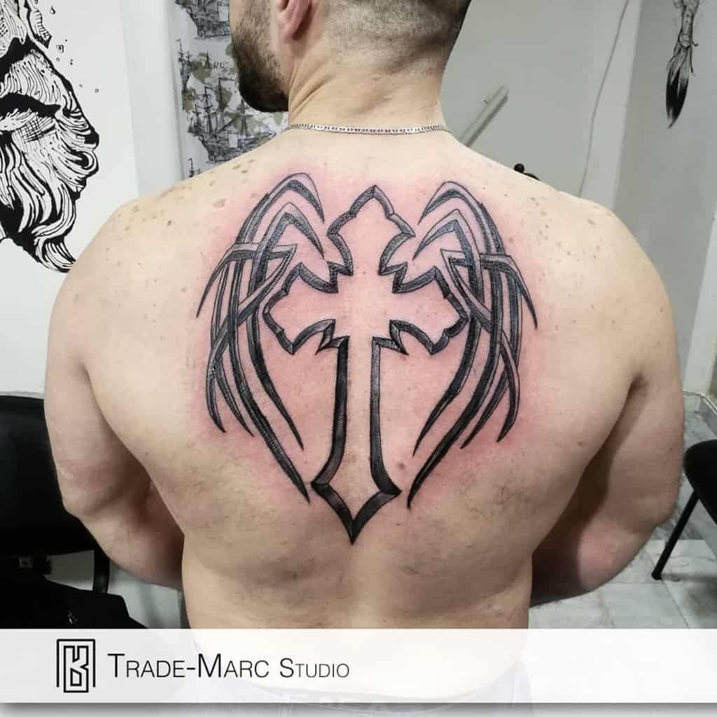 Tribal Cross Back Tattoo trademarcstudio