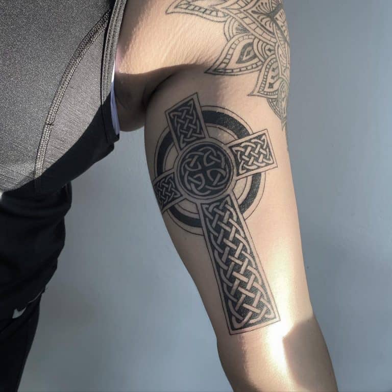 67 Cool Tribal Cross Tattoo Ideas   Tribal Cross Upperarm Tattoo Donniemartell 768x768 