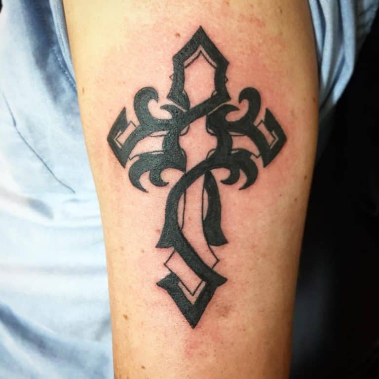 67 Cool Tribal Cross Tattoo Ideas   Tribal Cross Upperarm Tattoo Ellierosetattoo 768x768 