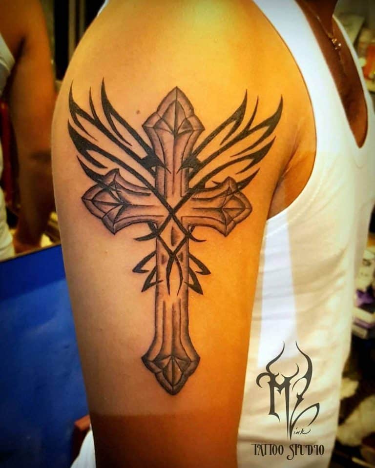 67 Cool Tribal Cross Tattoo Ideas   Tribal Cross Upperarm Tattoo The Light Bearer  768x959 