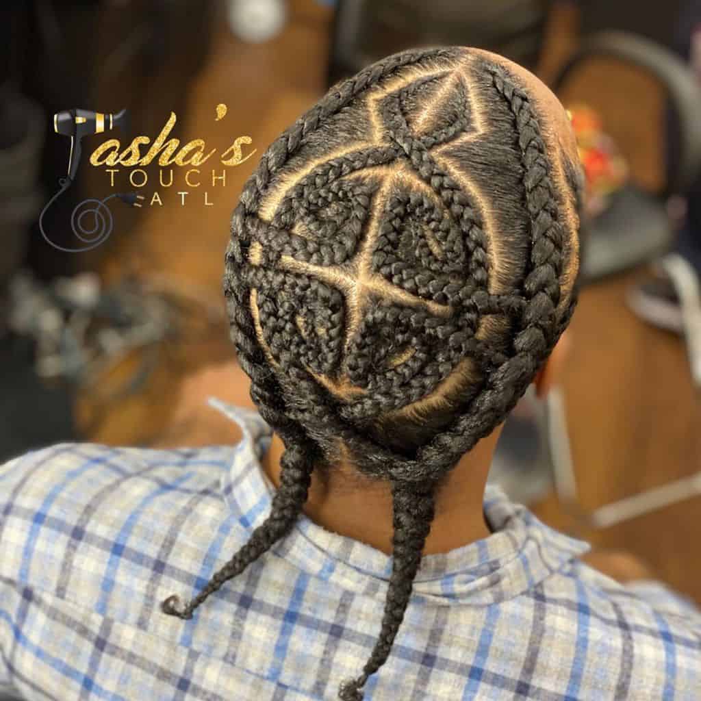 Two Long Men’s Braids Paired With Cornrows On The Top, Starting From The Front To The Nape Of The Neck