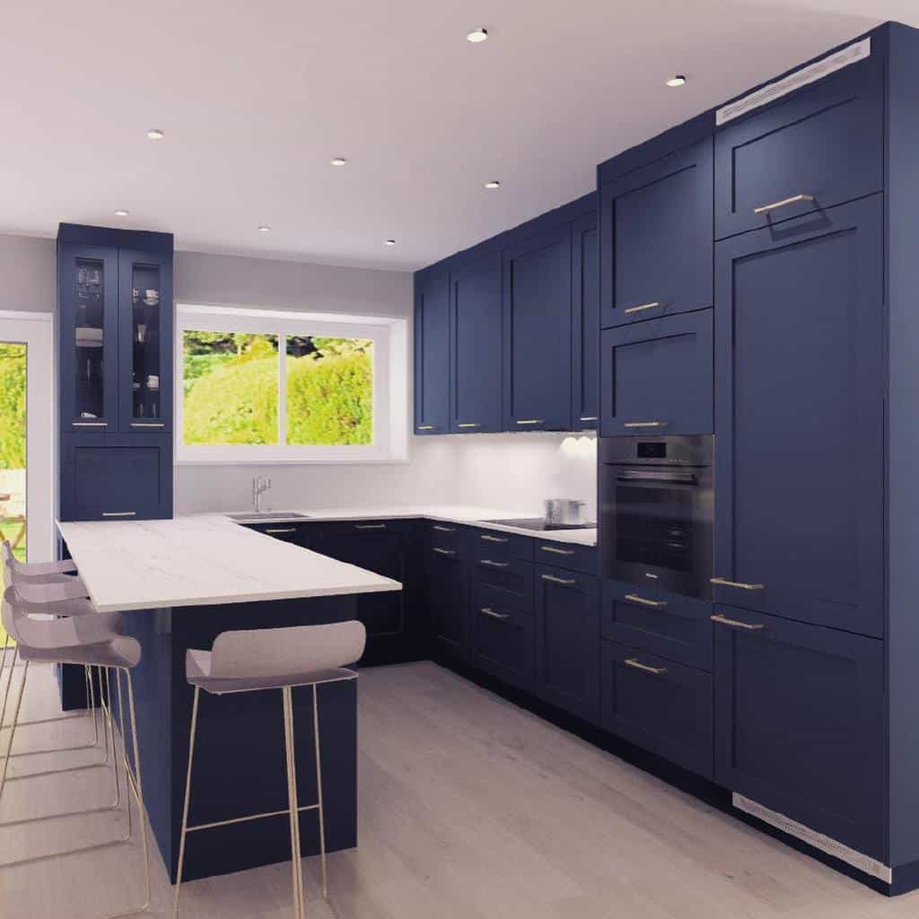 modern blue cabinet kitchen white countertop gray seats 