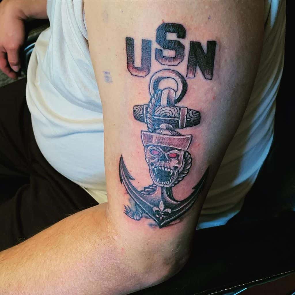 US Navy Anchor Tattoo On Left Bicep