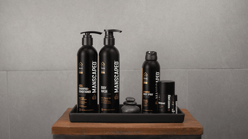 Manscaped Ultra Premium Collection on a Wooden Shelf