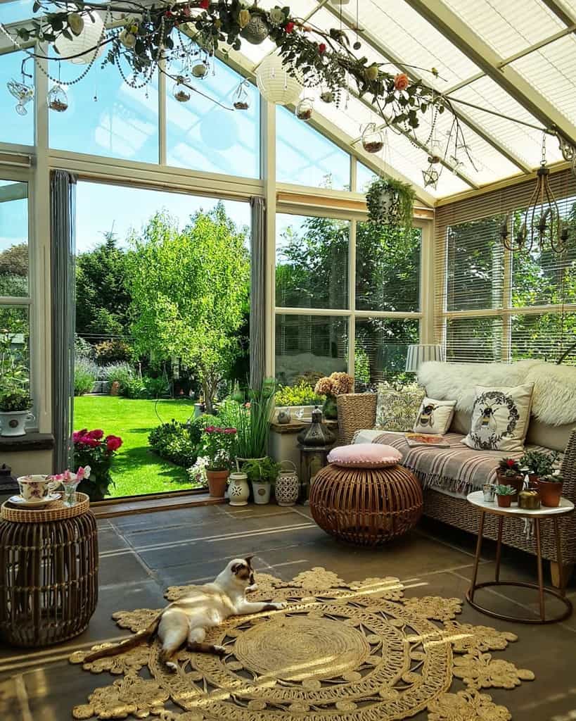 vintage outdoor sunroom that leads to garden 