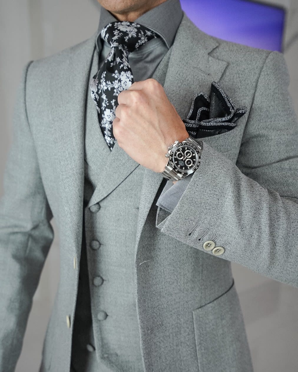 Black and White Tie With Grey Suit -sebastiancruzcouture