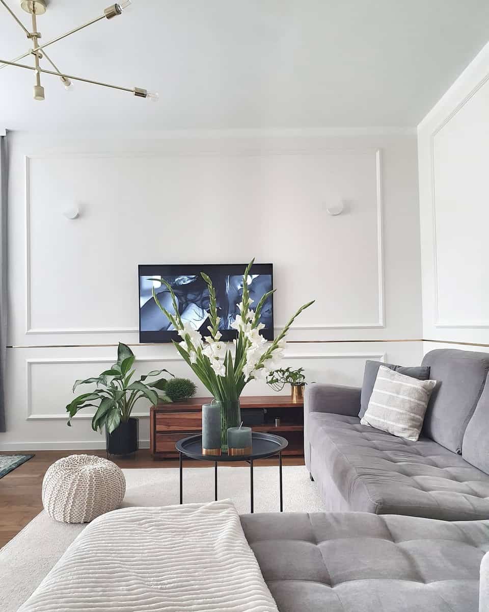 white living room gray l-shape sofa 