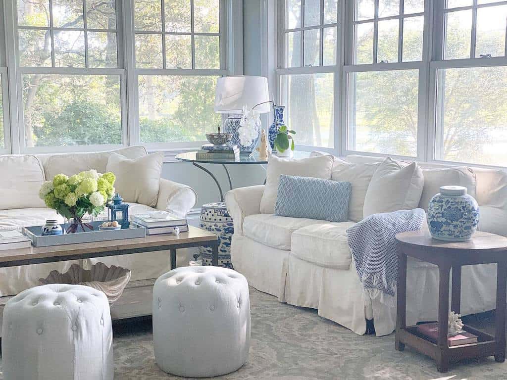 blue and white country style farmhouse sunroom