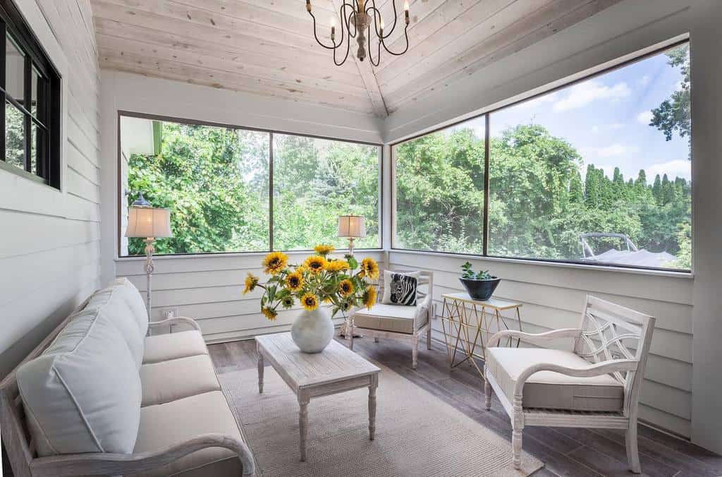 white rustic country sunroom 