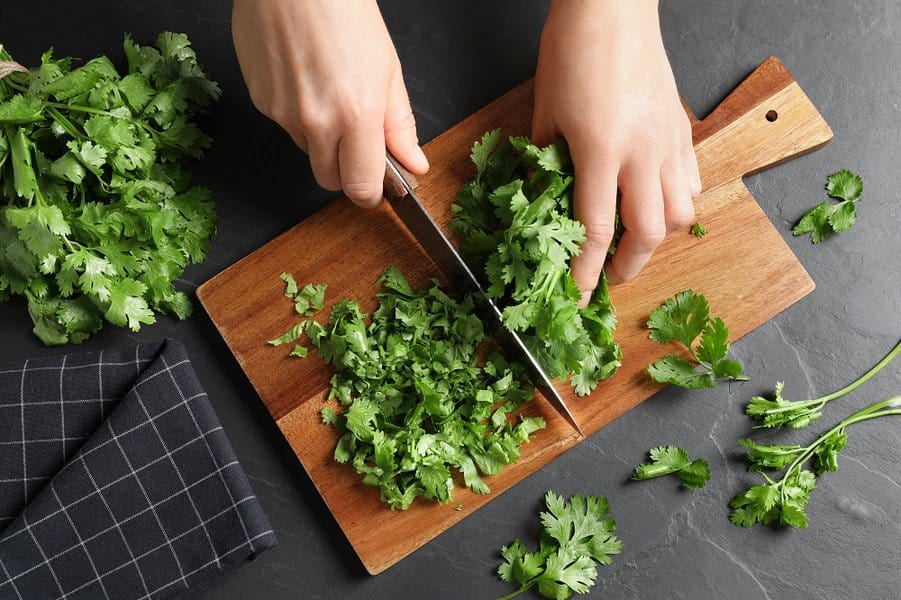 Woman cutting fresh green cilantro at black table