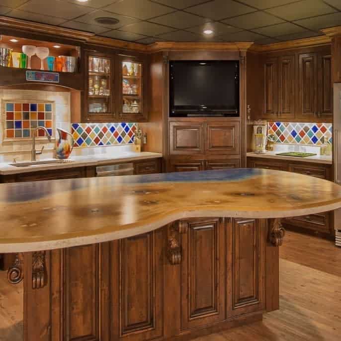 wood wet bar tv cabinet colorful wall tiles