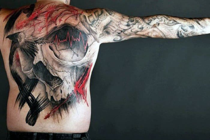 Abstract Arts Tattoo For Men Of Skull And Red Lines On Back