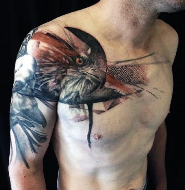 Abstract Bird Tattoo For Men On Chest And Arm