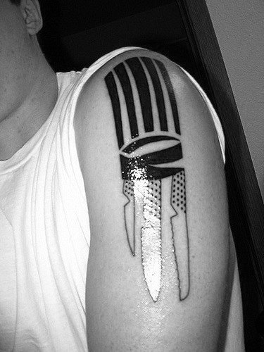 Abstract Black Ink Outline Chef Knife Upper Arm Tattoos For Men