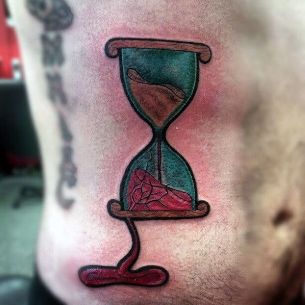 Abstract Broken Mens Hourglass Tattoos On Rib Cage Side With Red Ink