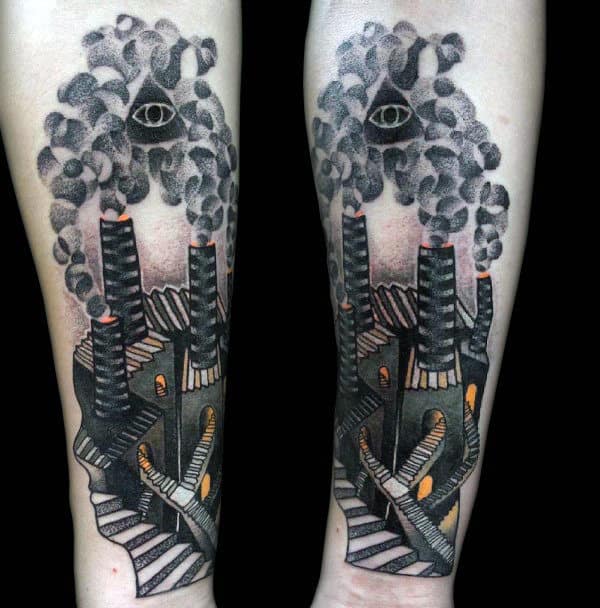 Abstract Building With Stairs Guys Inner Forearm Tattoos