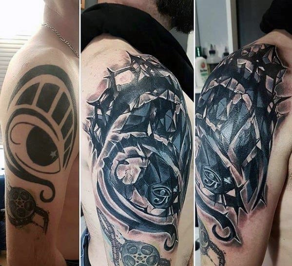 Abstract Cover Up Upper Arm Tattoo Designs For Gentlemen