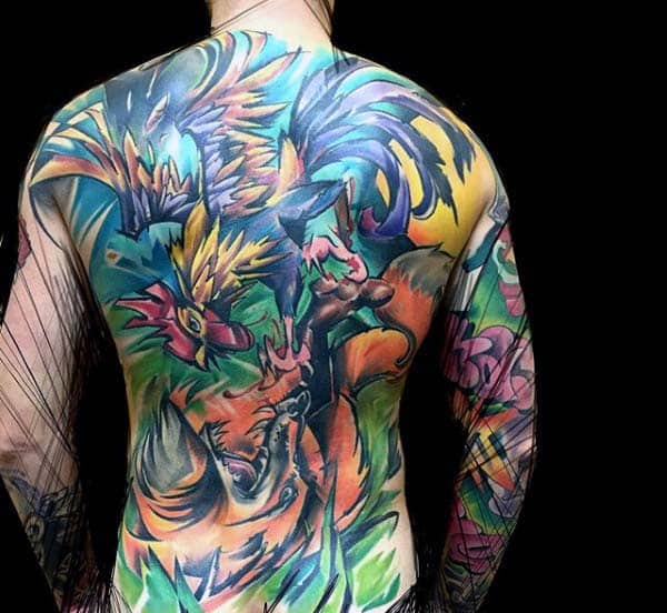 Abstract Full Back Rooster Tattoo For Men