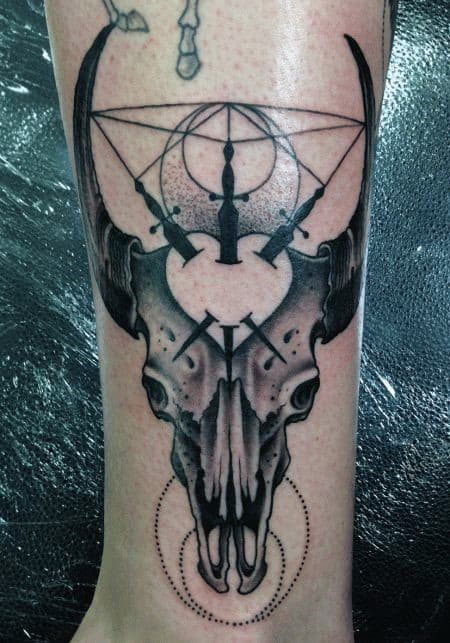 Abstract Geometric Male Bull Skull Forearm Tattoos