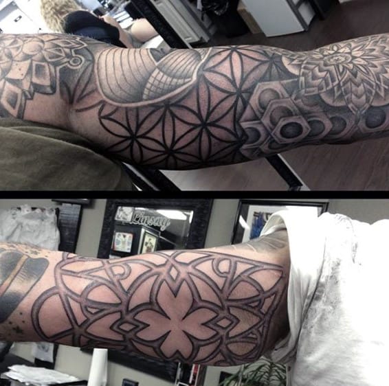 Abstract Geometric Stained Glass Mens Sleeve Tattoos