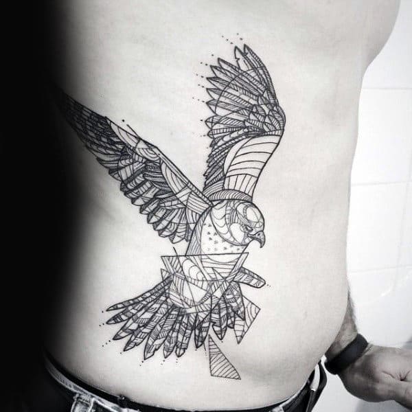 Abstract Guys Black Ink Lines Falcon Rib Cage Side Tattoo