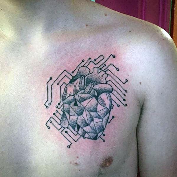 Abstract Heart Circuit Board Mens Chest Tattoos