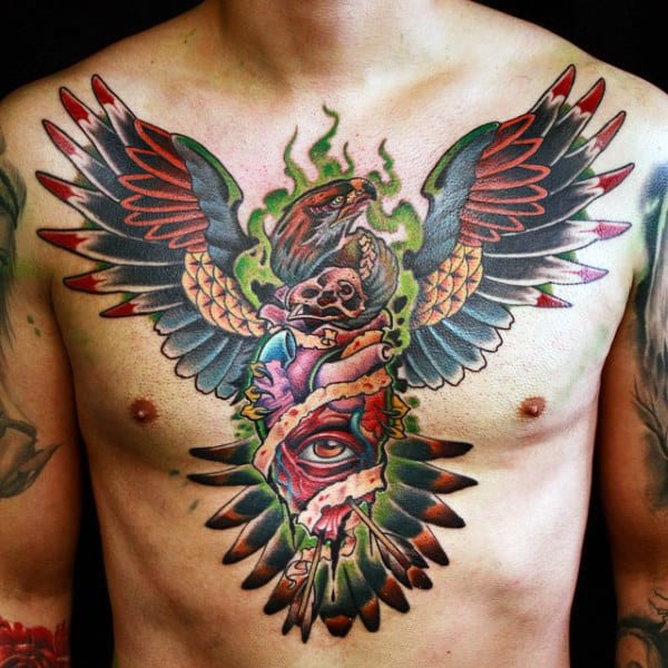 Abstract Heart With Eagle Guys Chest Tattoo