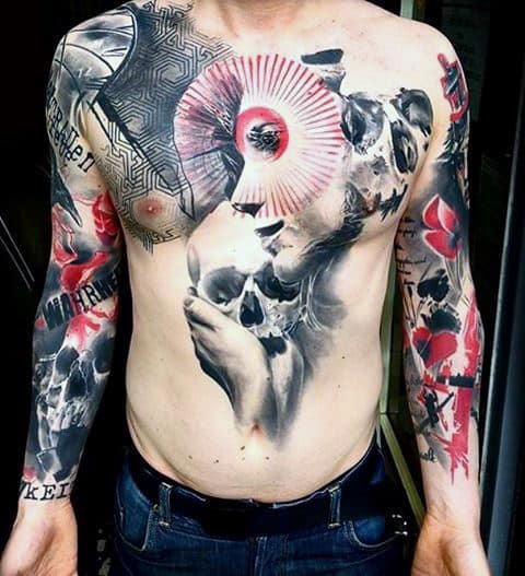 Abstract Male Chest Tattoo With Skull Design