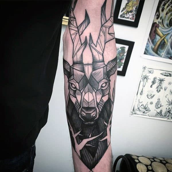 Abstract Male Deer Tattoos On Outer Forearm