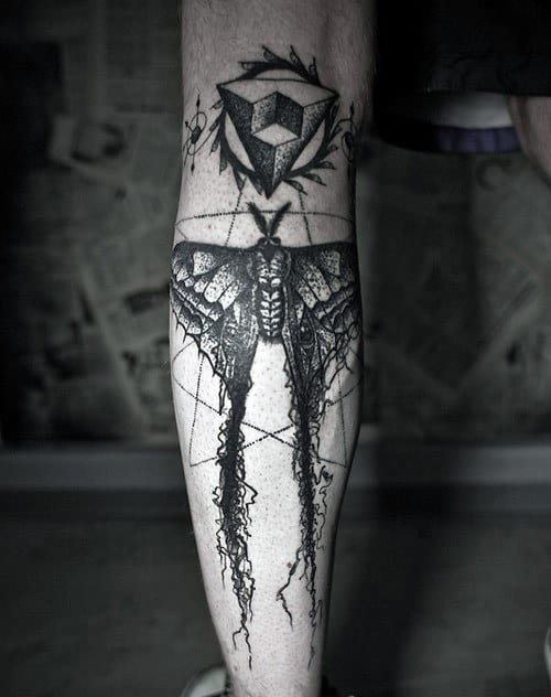 Abstract Mens Moth Back Of Leg Tattoos
