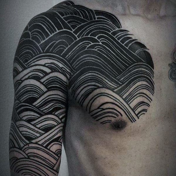 Abstract Mens Water Black Line Work Tattoo On Chest Shoulder And Arm