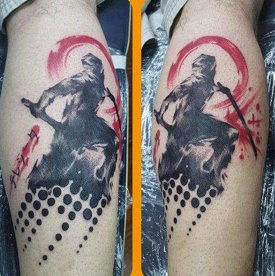 Abstract Mens Watercolor Ninja Leg Calf Tattoo
