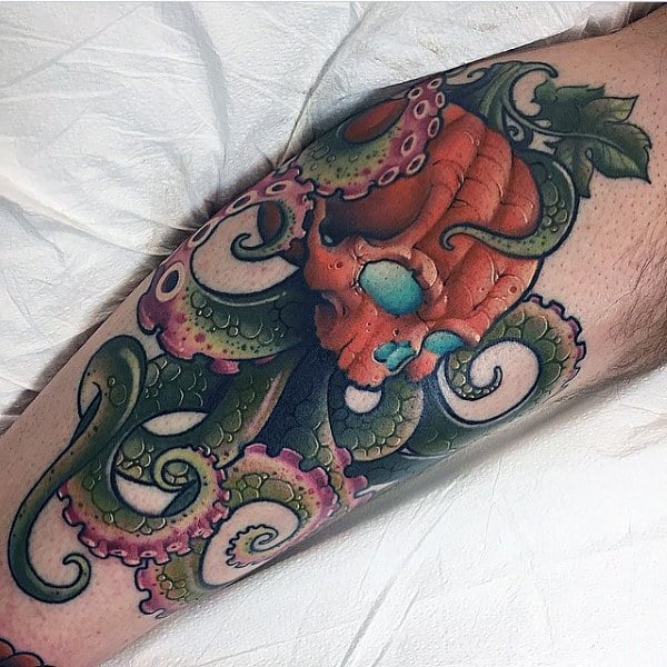 Abstract Octopus Pumpkin Mens Leg Tattoos