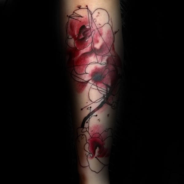 abstract-orchid-watercolor-red-ink-mens-forearm-tattoos
